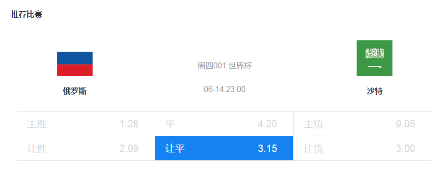 世界杯推单百度贴吧(6月14日料到“天天推球”推单：世界杯 俄罗斯 VS 沙特)