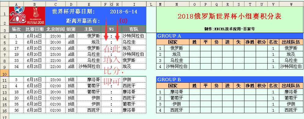 世界杯晋级表Excel(世界杯来了，我的小组赛EXCEL自动积分表也做好了)