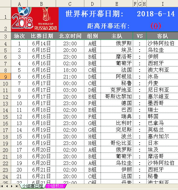世界杯晋级表Excel(世界杯来了，我的小组赛EXCEL自动积分表也做好了)