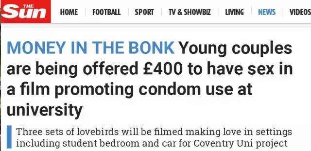污出天际的大学？！考文垂大学招募三对男女拍摄啪啪啪视频！400镑！