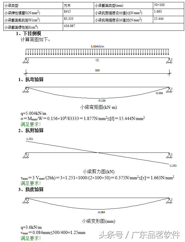 梁侧支撑不设对拉螺栓参数设计及计算示例