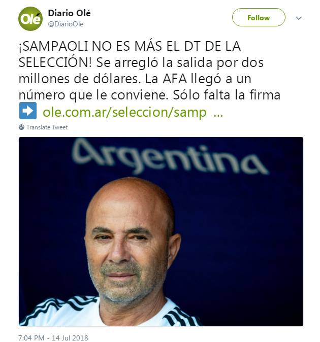 阿根廷球迷收到一个大快人心的好消息：世界杯主帅已被解雇了