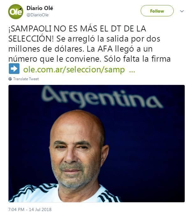 桑保利或被强行解雇，原800万美元违约金，阿根廷足协砍价至200万