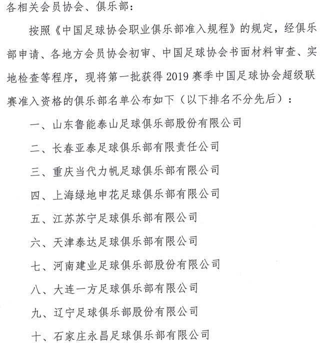 中超准入名单是什么意思(足协第一批中超准入俱乐部名单：中超首批合格率仅50%)