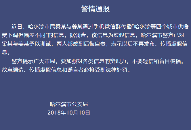 哈尔滨供暖费下调是谣言！两市民被警方予以训诫