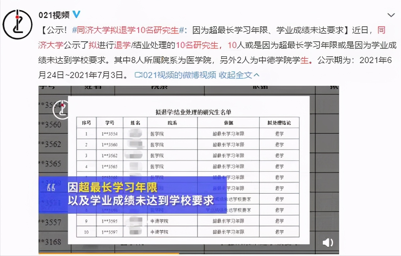 同济大学发布重磅通知，2批研究生被拟退学，只因超最长学习年限