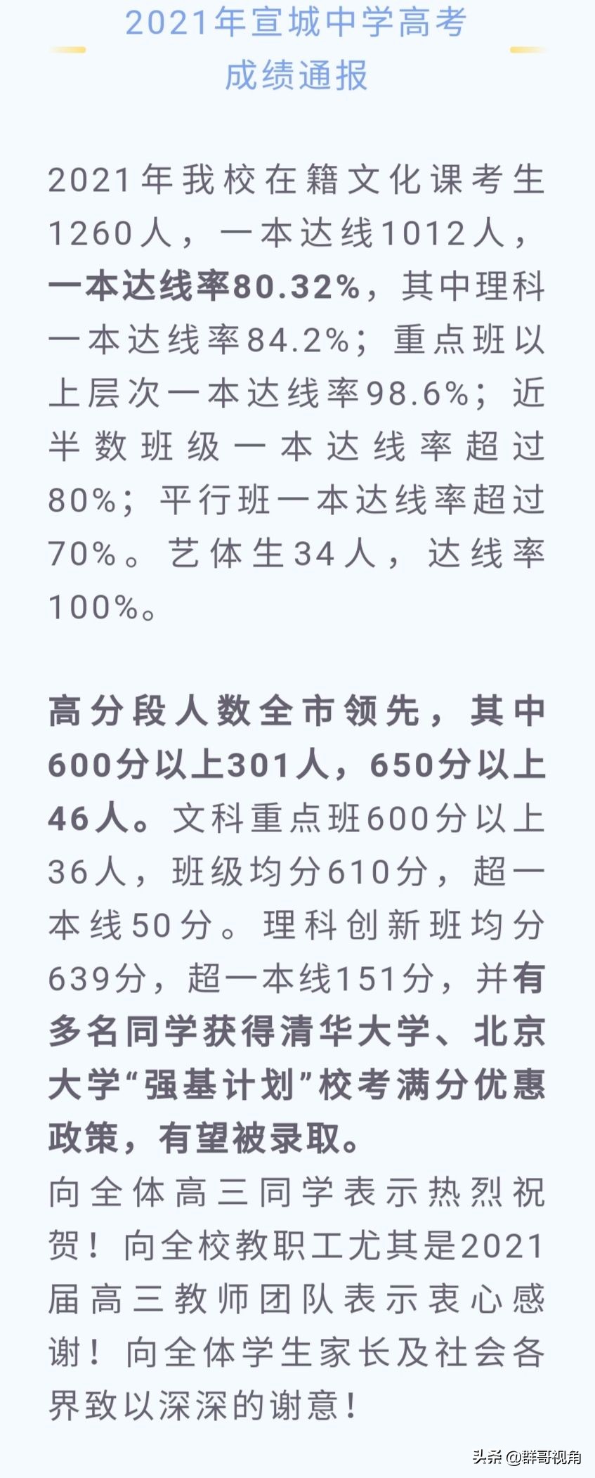 宣城二中高考录取结果（宣城市12所高中2021年高考喜报）