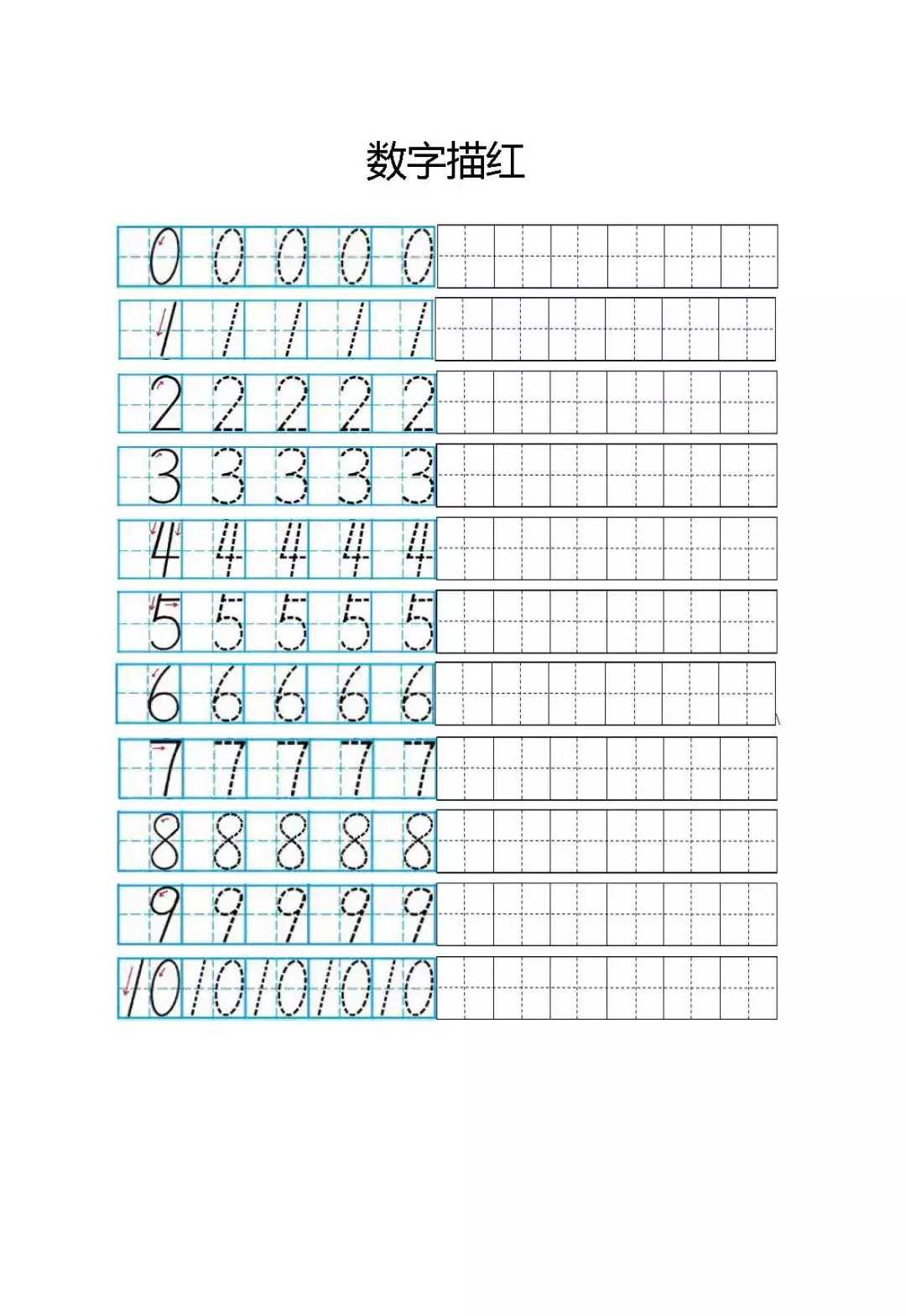 一年级必看!0-9在田字格中的规范写法!(附描红字帖模板)