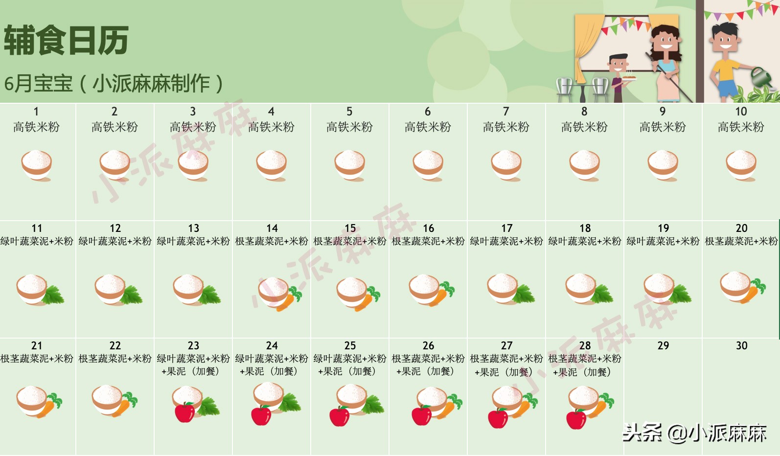 6个月宝宝辅食制作日历-宝宝米粉、绿叶蔬菜泥、果泥……