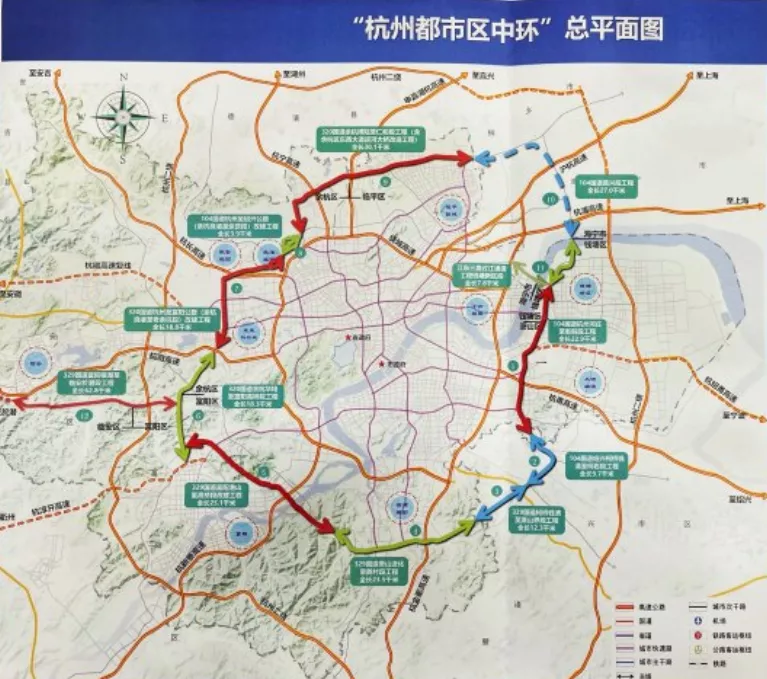 杭州都市区中环位于杭州绕城高速公路和杭州都市圈环线(杭州二绕)之间
