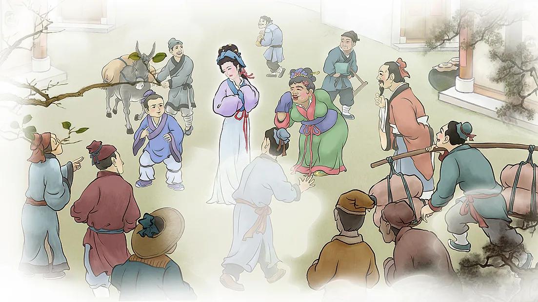 焦虑捂胸,依旧十分美艳,隔壁东村女子"东施"模仿,但这东施不明白西施