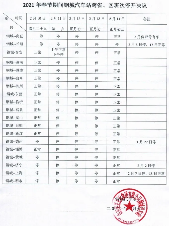 注意！春节期间，莱芜钢城公交、汽车班次调整时间表公布