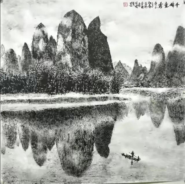 桂林山水甲天下,漓江画面独到.弧山,倒影,小舟,渔鹰,人土风情.