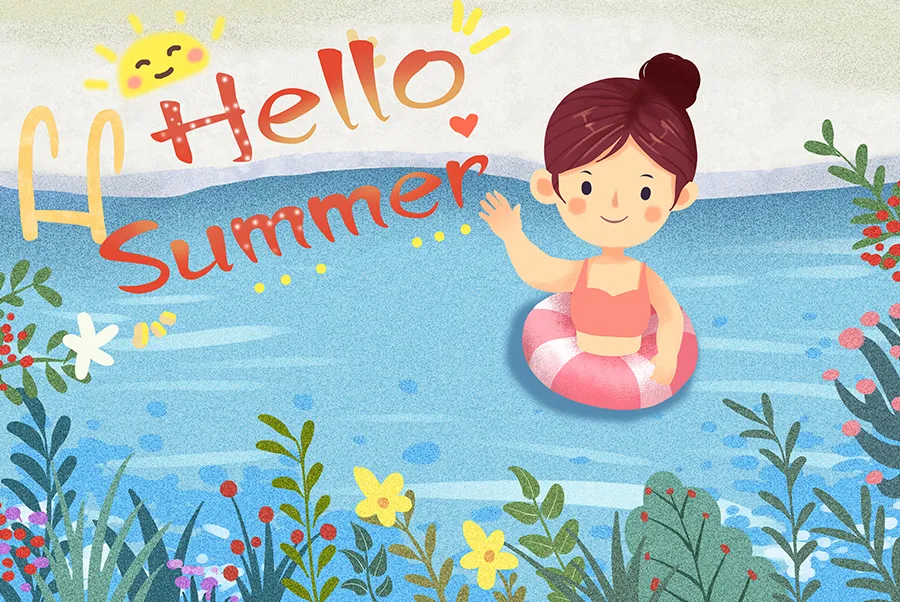 游泳图片卡通(儿童画教程｜趣味场景与人物动态练习《夏日游泳池》)