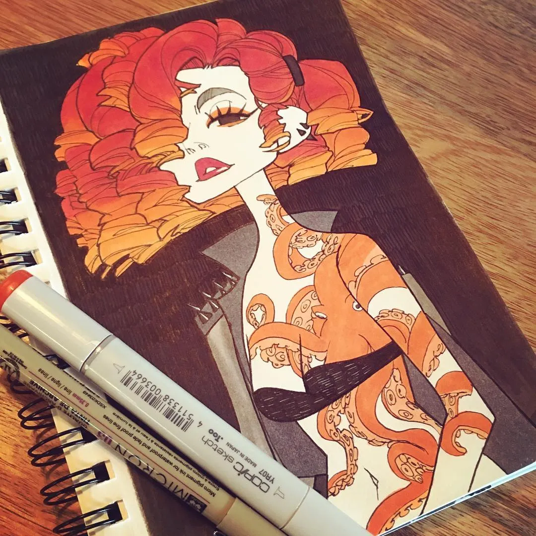 又酷又炫的60张线描马克笔少女,动感,帅气的画风,简单清新