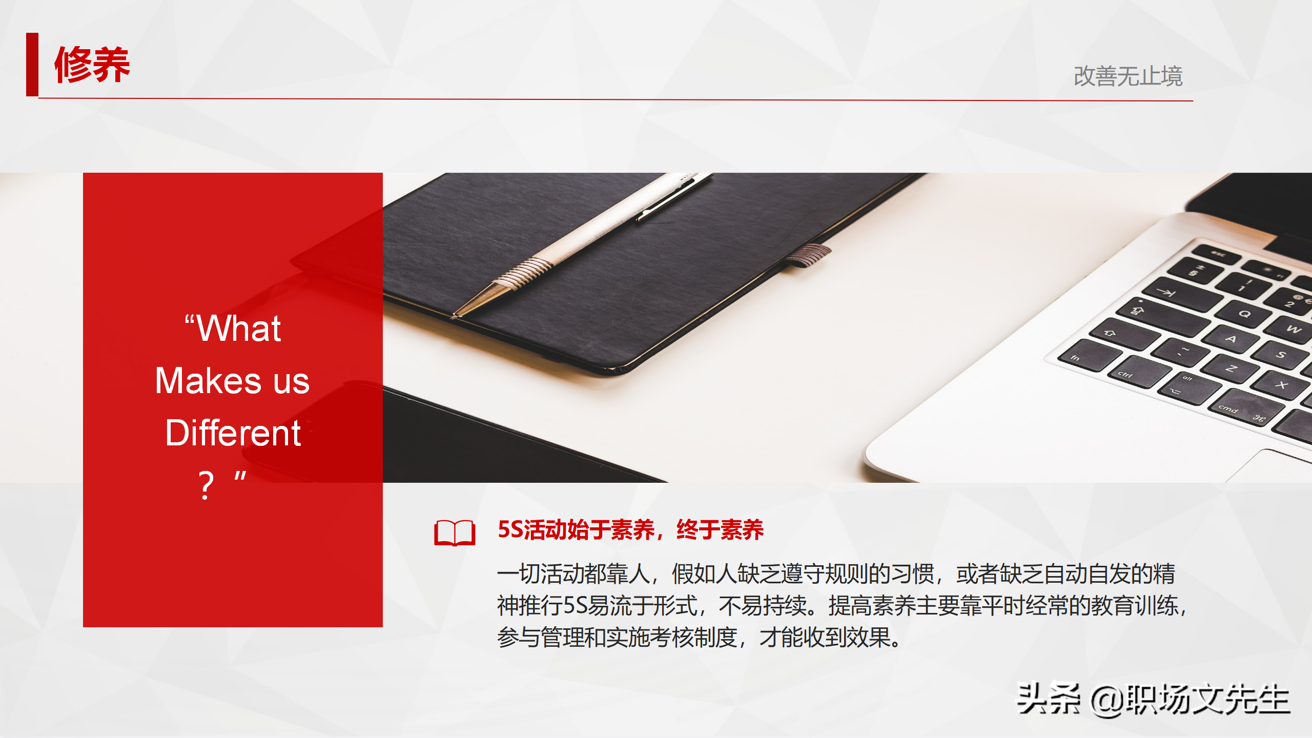 5S活动始于素养，终于素养，29页5S管理培训PPT，5S实施的方法