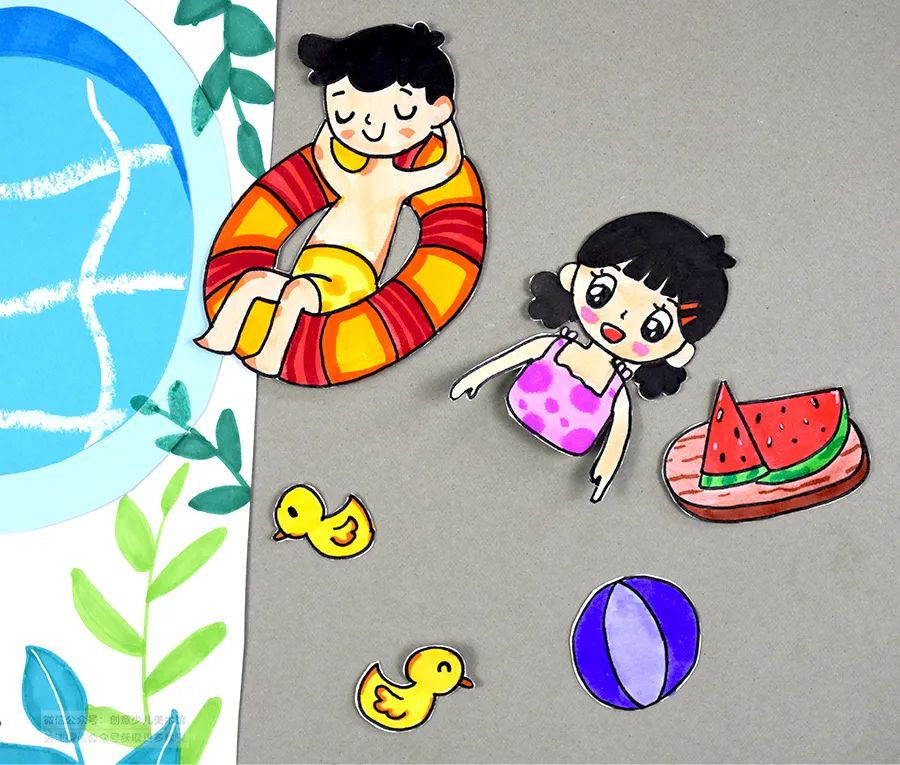 游泳图片卡通(儿童画教程|趣味场景与人物动态练习《夏日游泳池》)