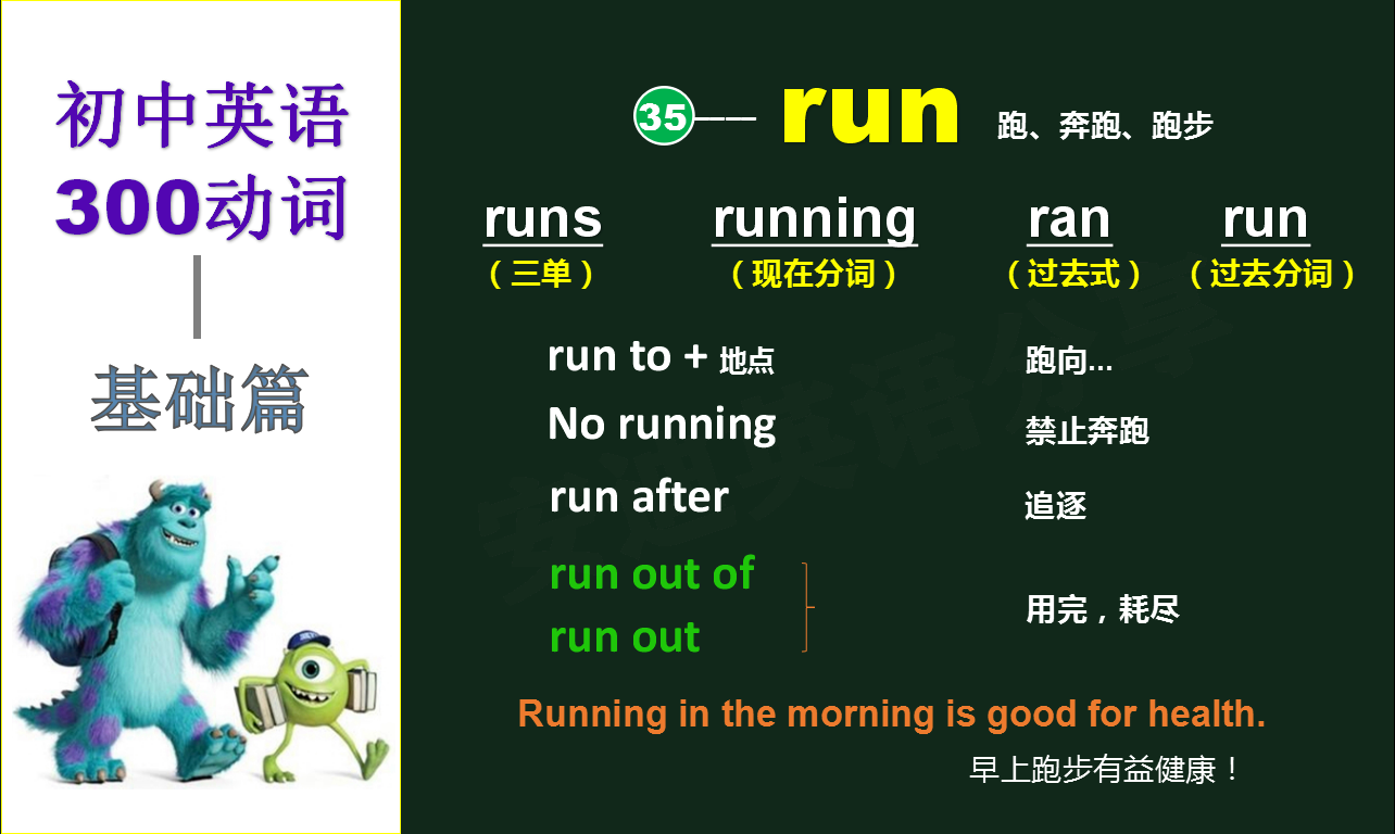 需要牢记;runs(三单)-running(现在分词)-ran(过去式)-run(过去分词)