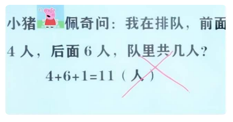 “前面4人后面6人，一共多少人？”小学生答11人，却被老师盼错