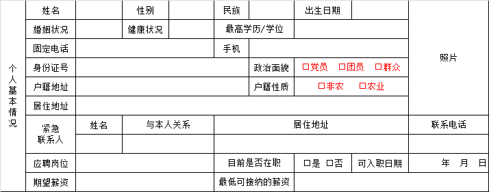 招聘登记表（招聘与应聘）