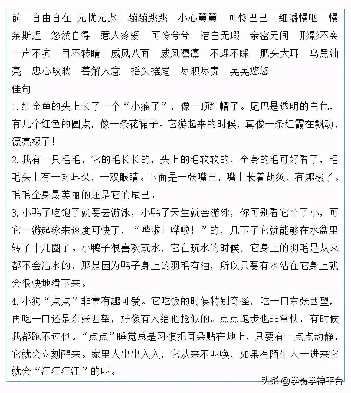 四年级语文同单元作文赏析，好词好句