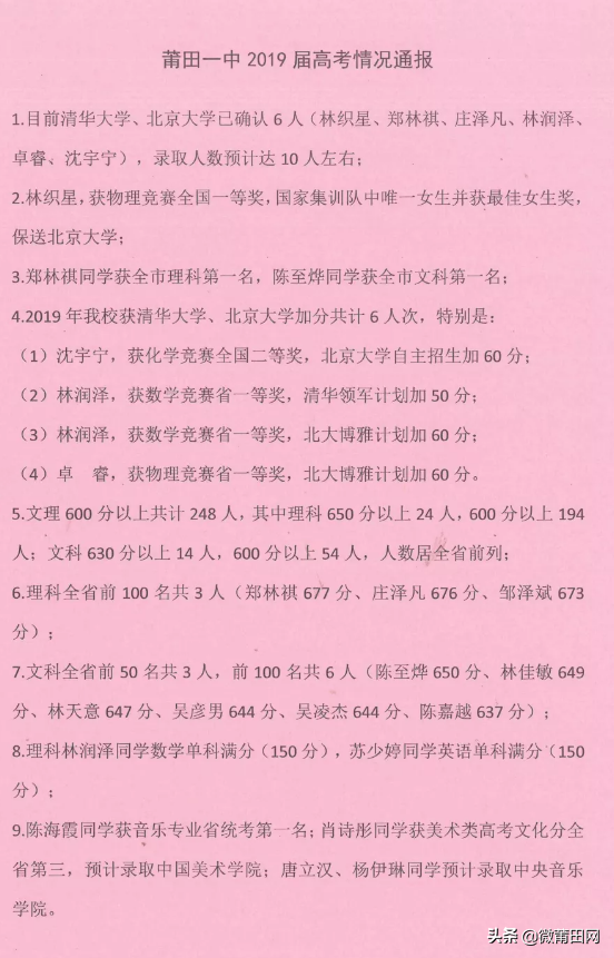 莆田高考喜报，莆田的这些好中学喜报连连，有你的母校吗？