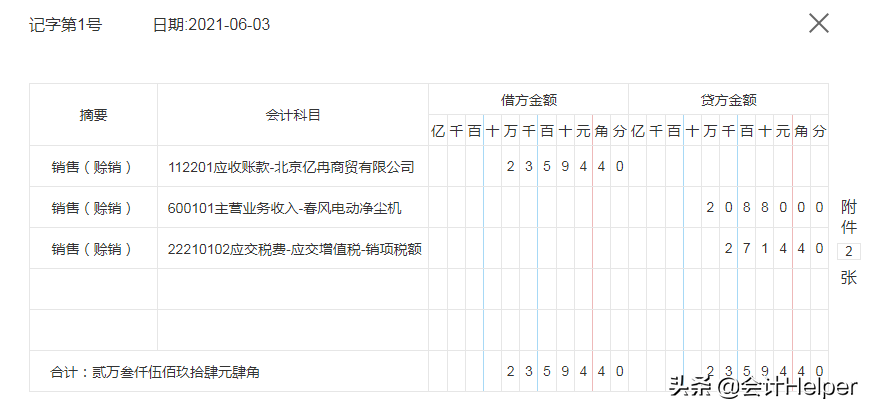 40貸:主營業務收入-春風電動淨塵機 20880.