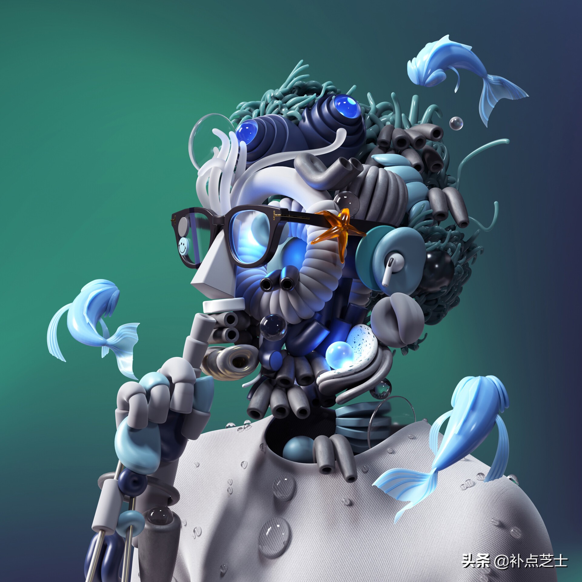 数字渲染拼贴3D物体，艺术家给自己画出了未来派自画像