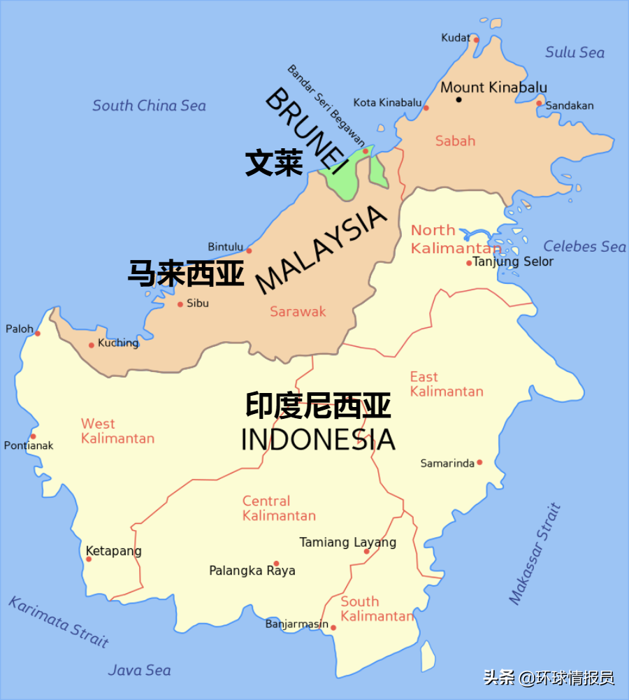 由北向南分布着文莱,马来西亚,印度尼西亚三个国家,总面积达74