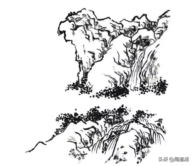 国画教程|山的表现方法、山石墨法及山坡路径、泉水瀑布的画法