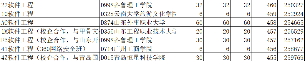 山东省2021年本科批软件工程录取情况表