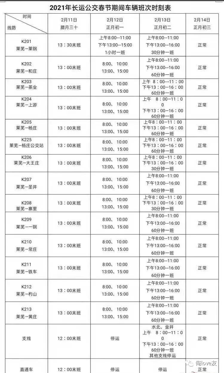 注意！春节期间，莱芜钢城公交、汽车班次调整时间表公布