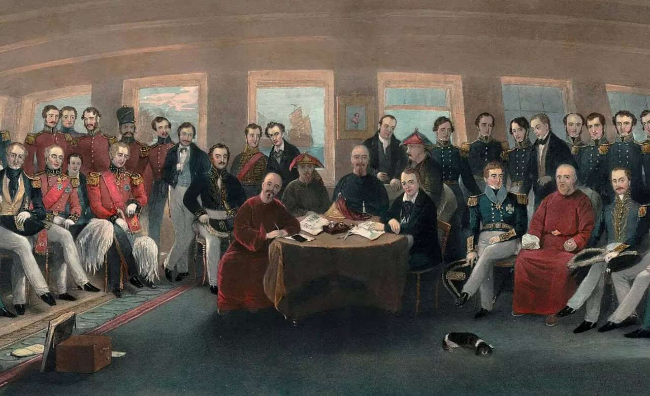 南京条约签约现场(油画),图片来自网络此外对于《穿鼻草约》是否草签