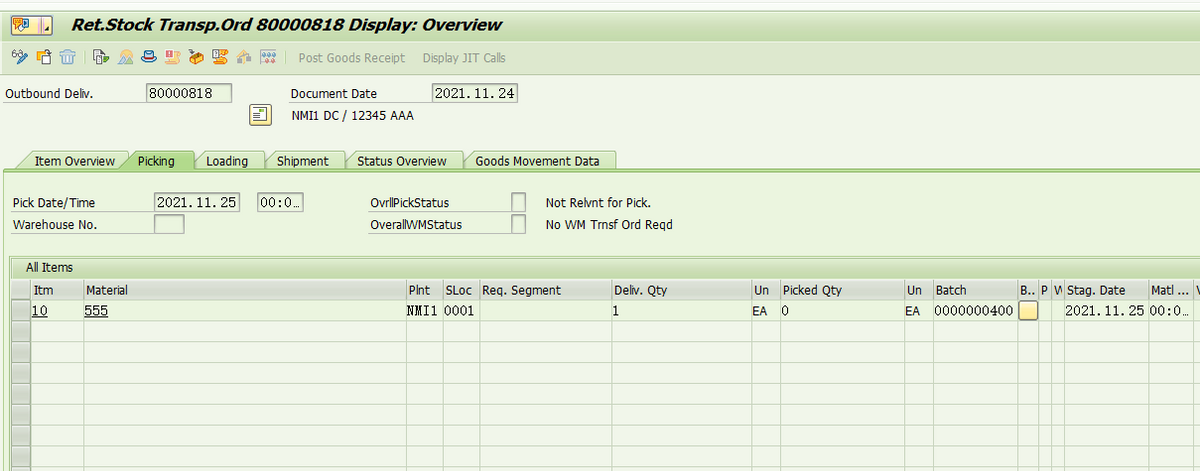 SAP 公司间退货STO的交货单PGI报错 - PO4500000773 does not contain