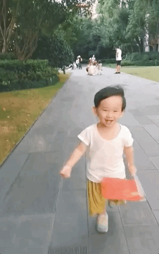 应采儿罕晒次子视频，HoHo举着红旗一路小跑，露小乳牙萌态尽显