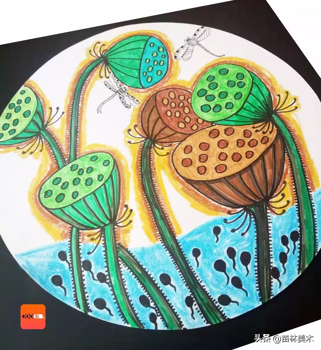 油画棒绘画教程丨蜻蜓与莲蓬嬉戏
