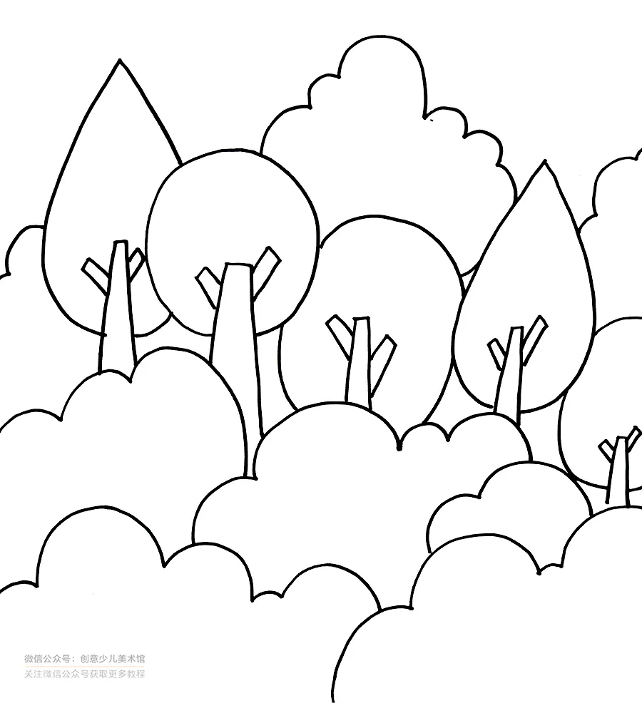 准备另一张素描纸在纸上用记号笔画出高低错落的树木用深浅不同的暖