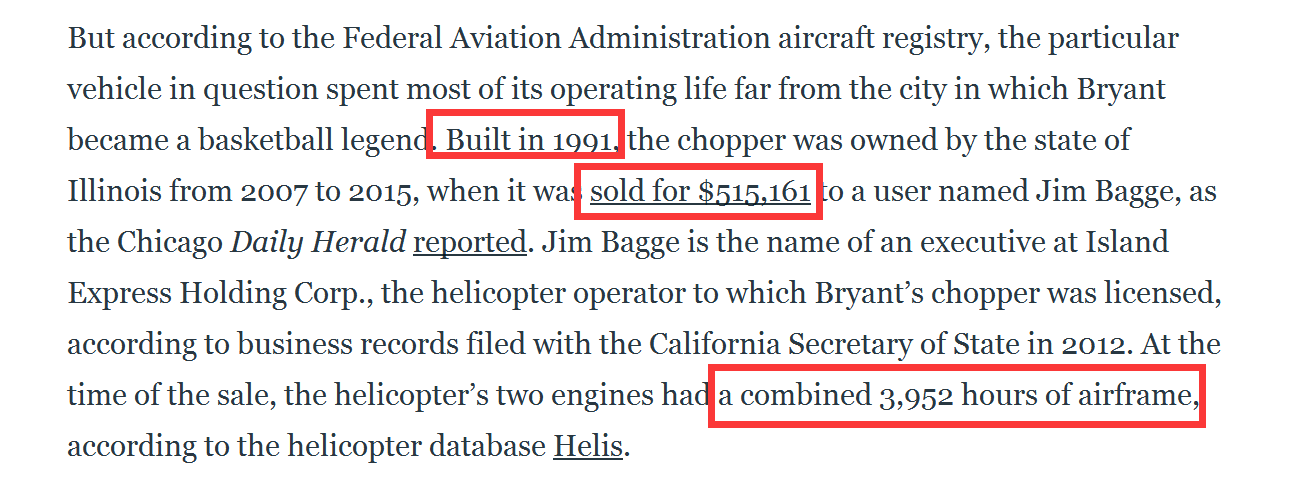科比失事的直升机(科比失事直升机资料曝光！机龄高达29年，转手价不到52万美元)