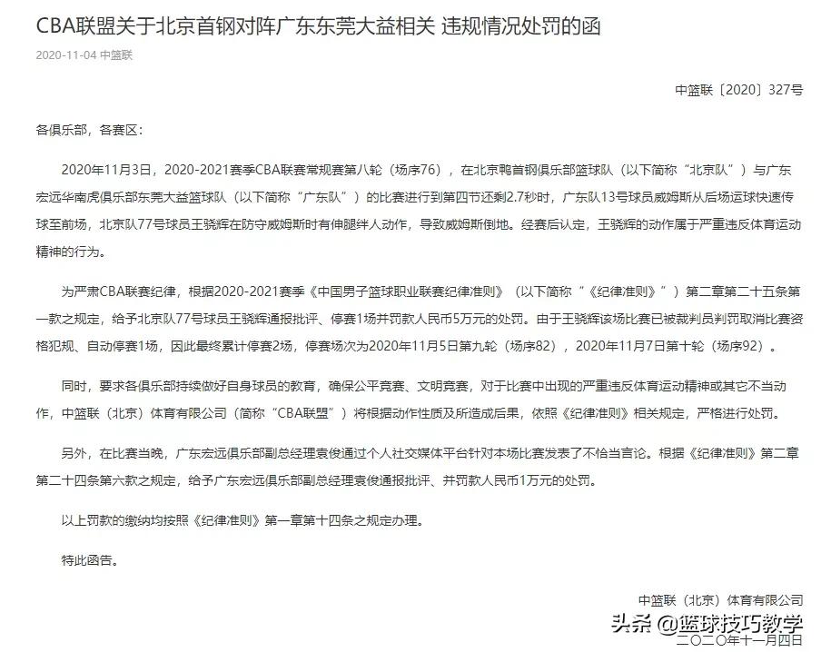 为什么cba不处罚王骁辉(官宣处罚，CBA对王骁辉开出重磅罚单，广东也遭处罚)