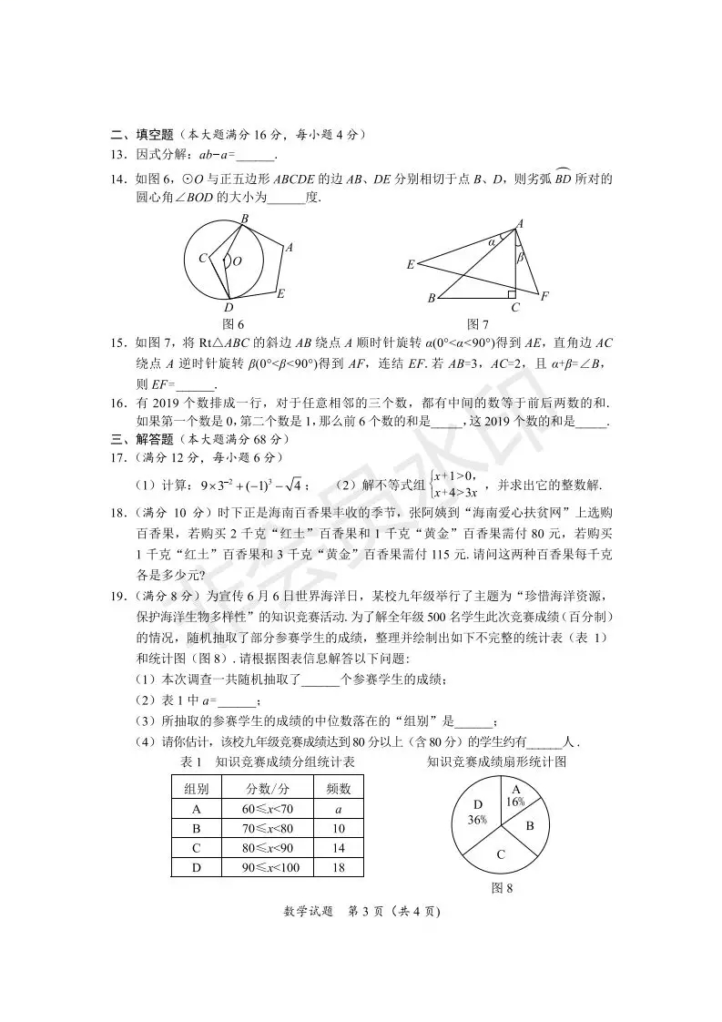 来啦！2019海南中考数学、化学、生物试题及答案