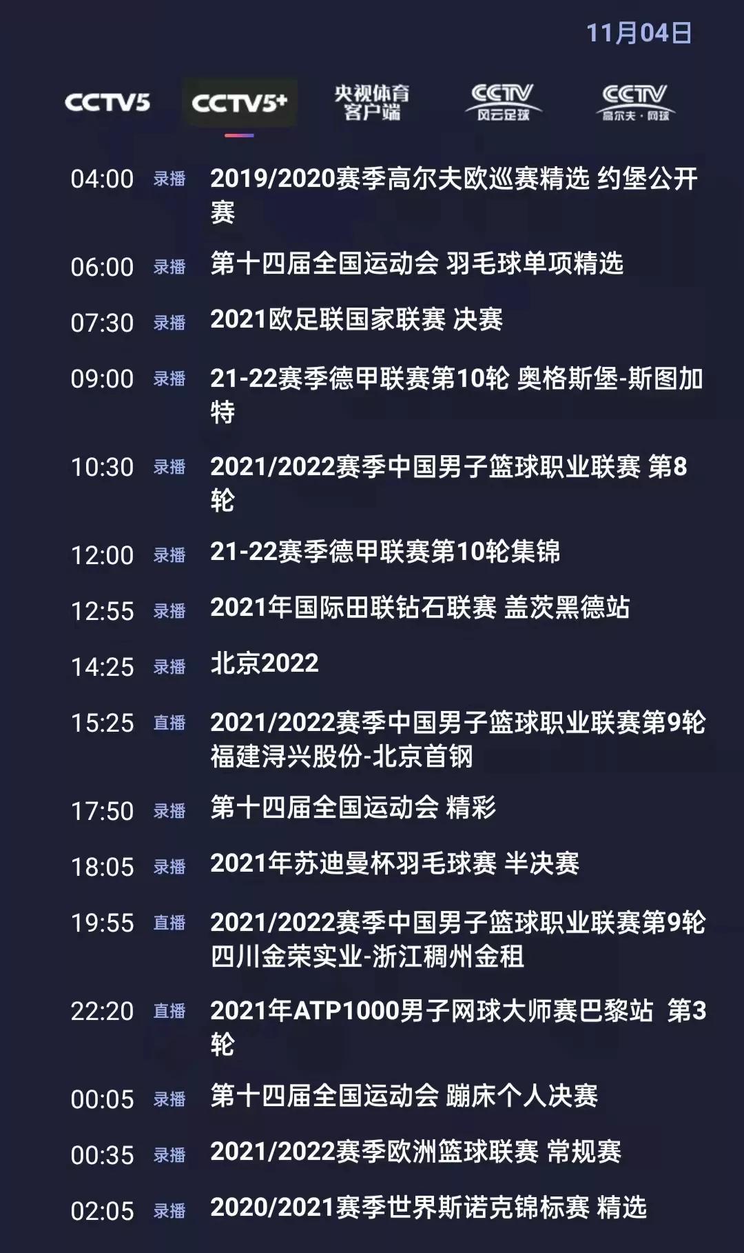 央视体育今日节目单:cba(辽宁本钢-山西汾酒股份),cctv5直播