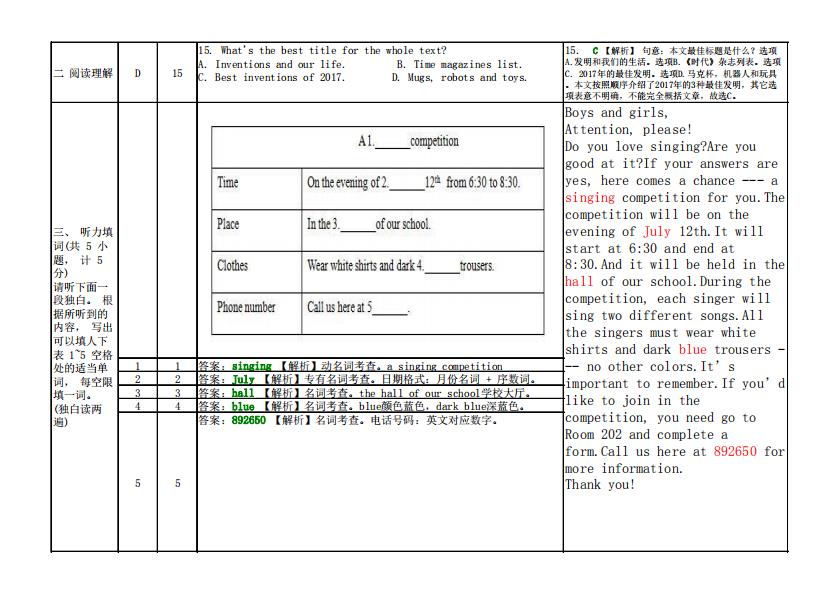 历年中考英语真题原题与答案、考点分析（含听力）