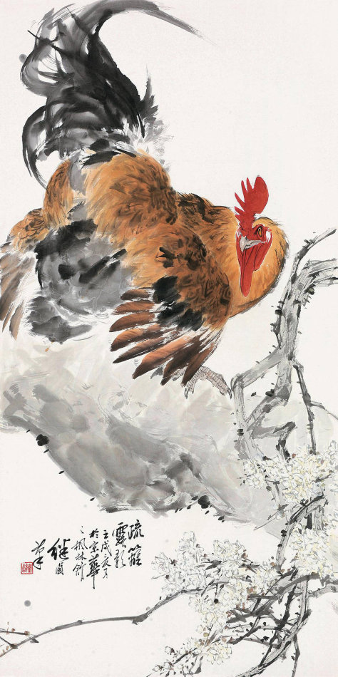 鸡的画画图片(任伯年笔下的公鸡图，和刘继卣一样出色，笔法粗放又有趣味性)