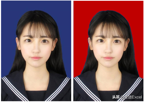 先来看一下效果图片:一寸照片背景颜色替换,将蓝底变红底,这是我们