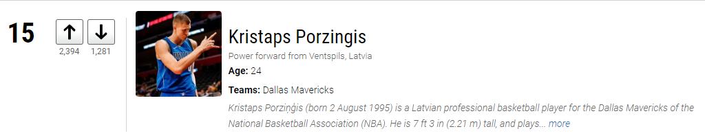NBA史上最佳白人运动员评选结果 15-22名 波尔辛吉斯