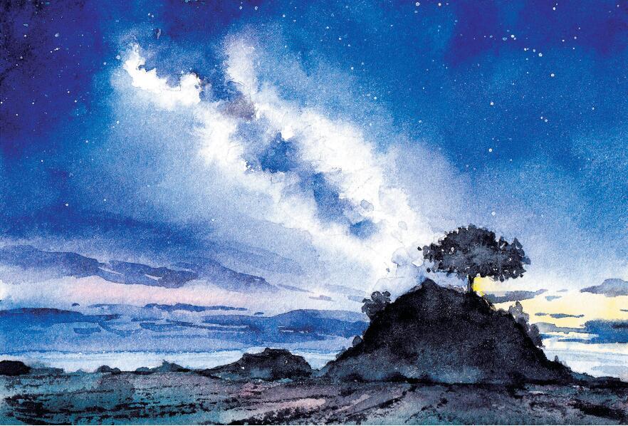 银河奥特曼怎么画(超简单的水彩手绘梦幻星空画法)