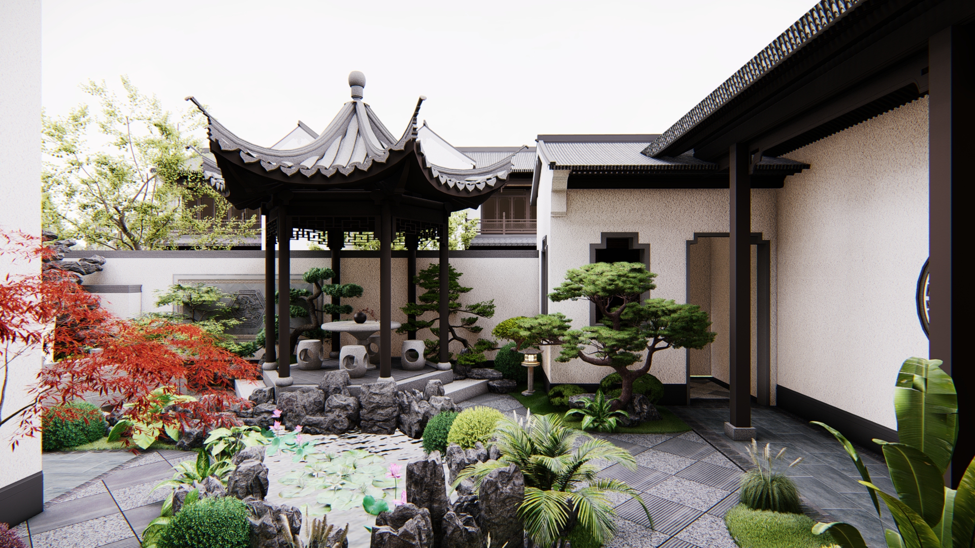 这套苏州园林风格的庭院,简直太美了!山水凉亭矮松,让人太羡慕