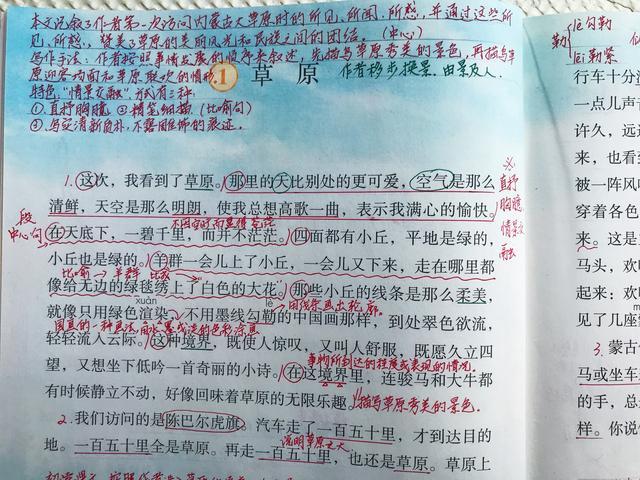 语文《草原》，看资深教师手写笔记，学生看了表示很有用