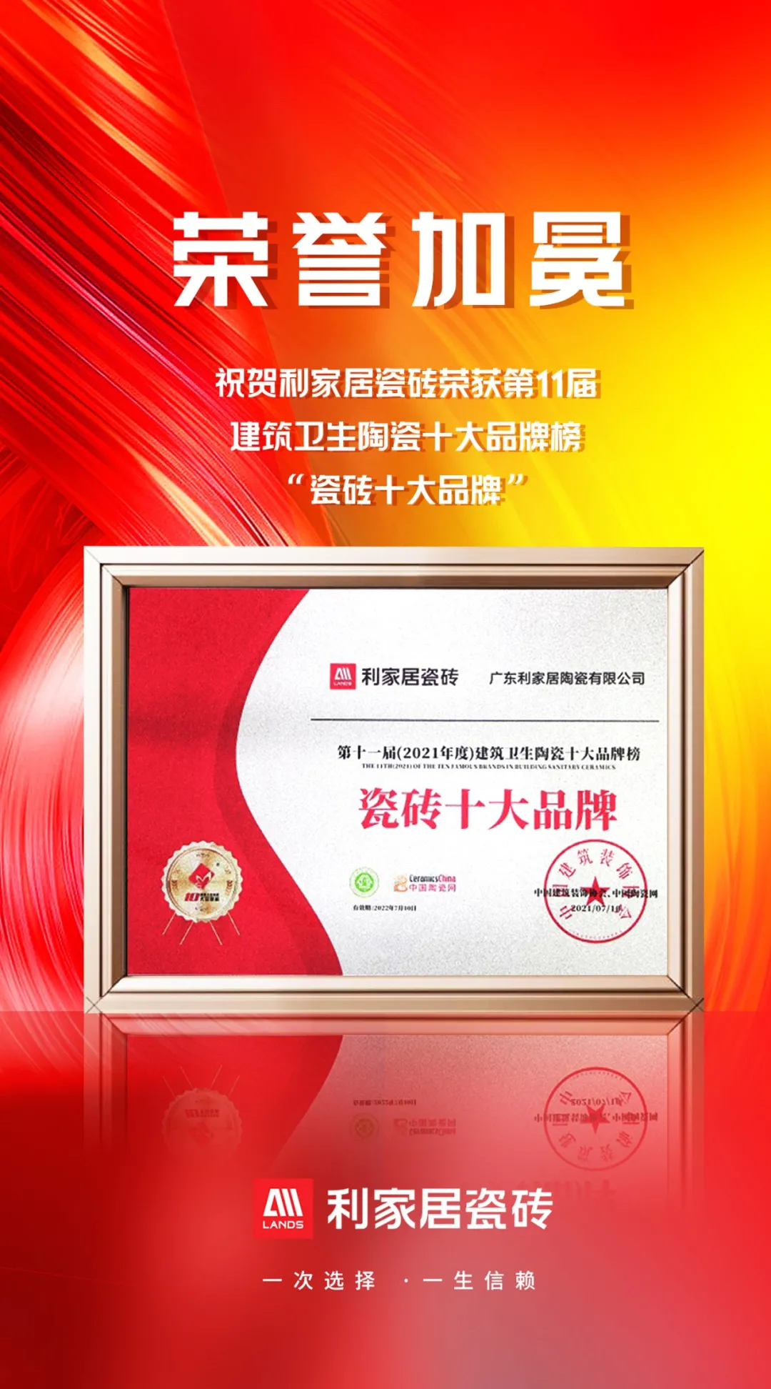 喜讯丨利家居瓷砖斩获多项重磅荣誉，见证品牌力量