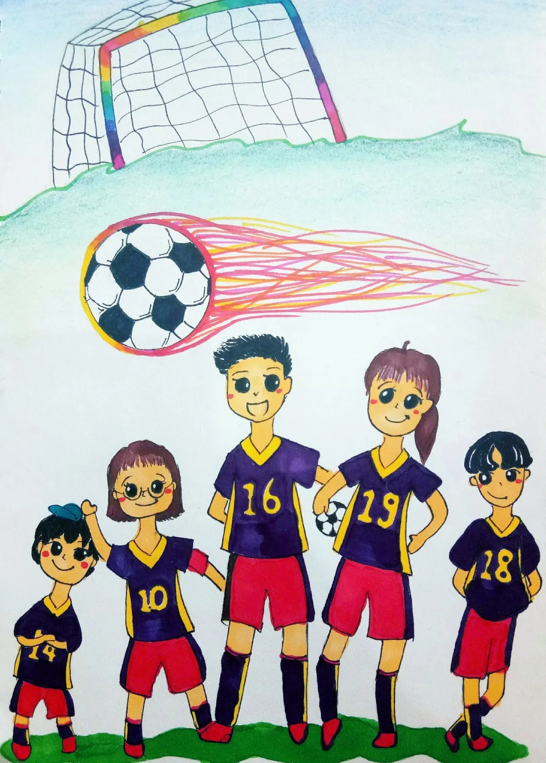 校园足球赛绘画(学校办了足球活动，河北这个初中生把“内马尔滚”画了出来，真是生动形象)
